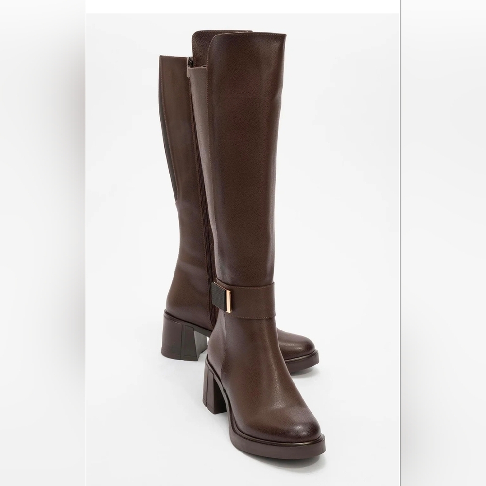 ISO Prologue Shoes- Moreni Cognac Block Heel Knee-High Boot